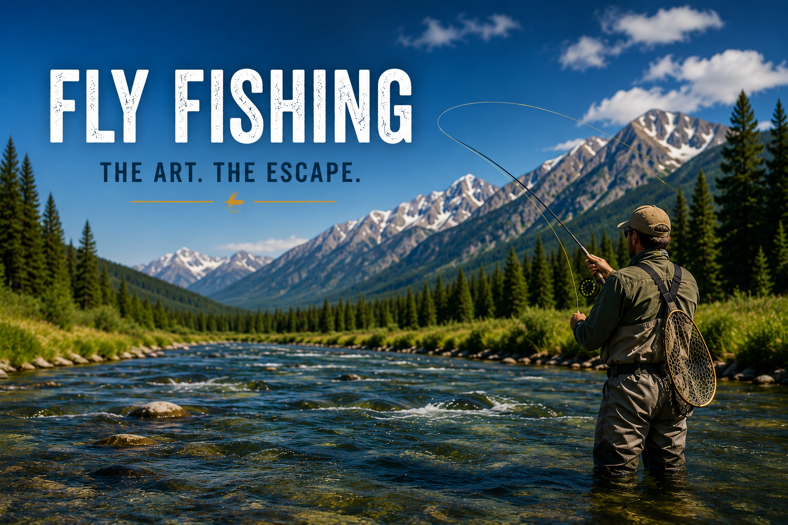 Montana fly fishing scene with angler casting in a mountain river